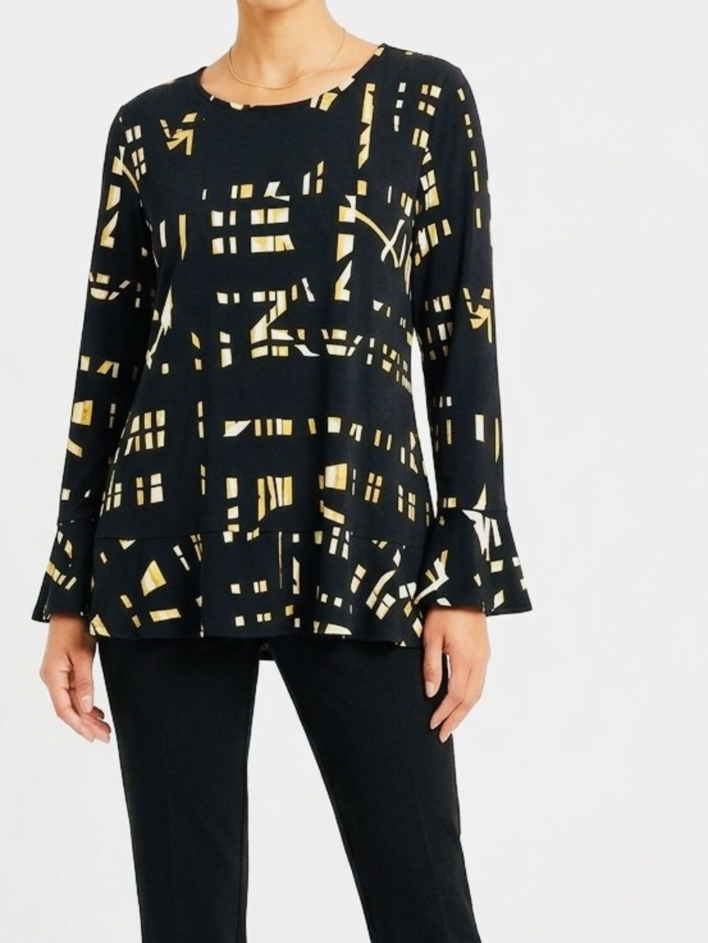 ALFANI Knit Top Black White & Neon Yellow Blouse w Ruffle Hem & Bell Sleeves